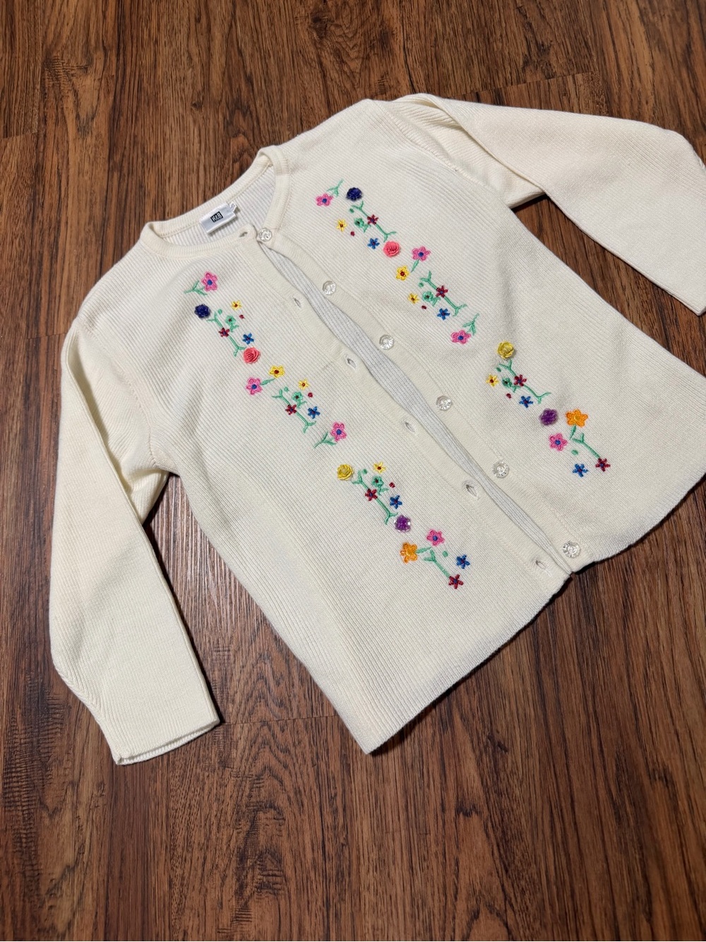 Girls Cream Embroidered Button-Front Sweater Cardigan
